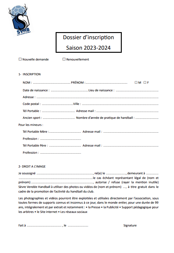 DOSSIER D'INSCRIPTION SAISON 2023-2024 - SEVRE VENDEE HANDBALL